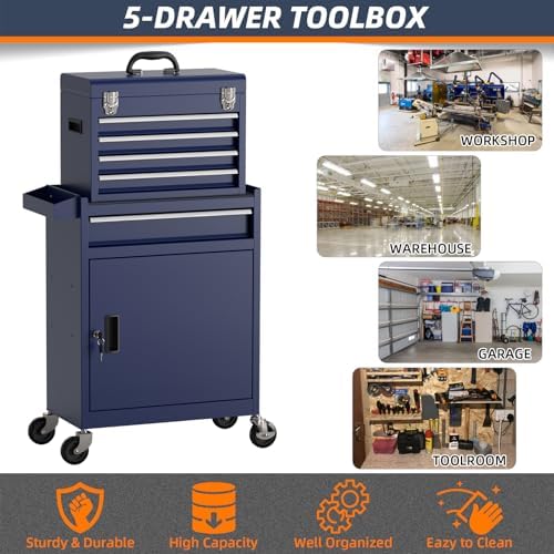 5-Drawer High Capacity Rolling Tool Box, Removable Cabinet Storage Tool Chest...