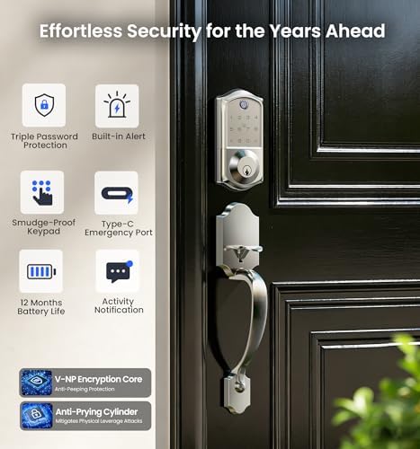 Veise VE017-H 8-in-1 Fingerprint Smart Front Door Lock Set, Satin Nickel