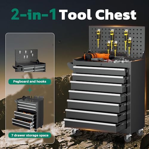 Greenvelly 7-Drawer Tool Chest, Rolling Tool Chest with Hooks and Lockable Wh...