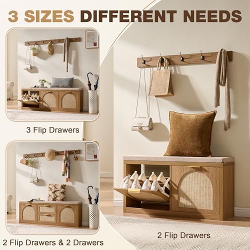Rattan Narrow Entryway Bench with Shoe Storage, 2 Flip Drawers & Coat Rac...
