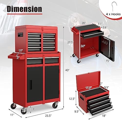 IRONMAX 2-in-1 Detachable Rolling Metal Tool Chest, 5 Drawers, Black & Red