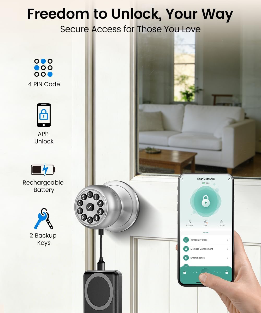 KLLOQUE Smart Door Lock,Smart Keypad Door Knob with Lock,Bright Silver