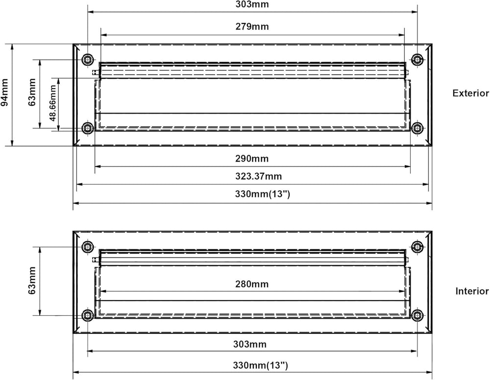 QCAA Solid Brass Mail Slot, with Solid Brass Interior Frame, 13" x 3.625...