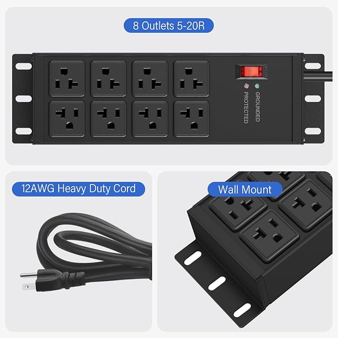 CCCEI Magnetic Heavy Duty Power Strip Surge Protector 20Amp, 12 Gauge High Amp
