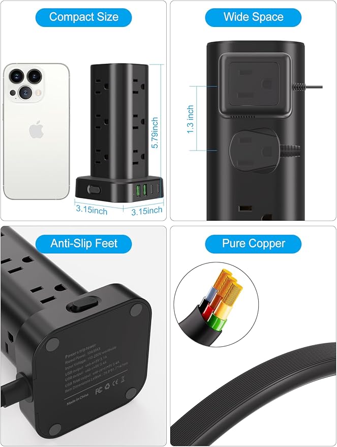Power Strip with Wireless Charger, Flat Plug Surge Protector with 6FT Extension