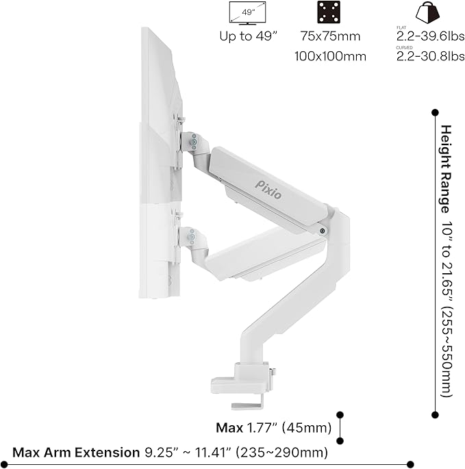 Pixio PS2S White Ultrawide Heavy-Duty Premium Single Monitor Arm Stand Desk