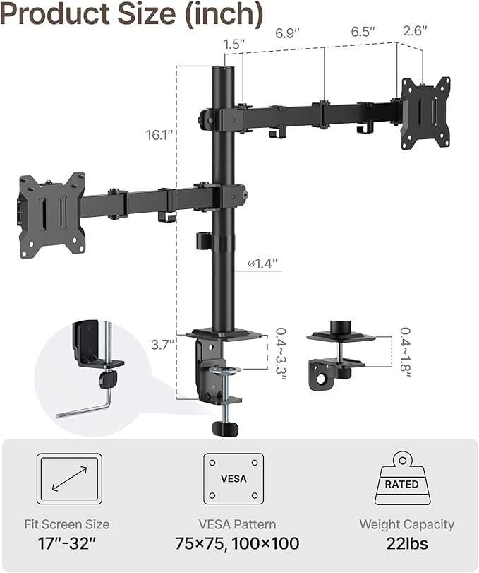 monTEK Dual Monitor Stand for 17"–32” Computer, Adjustable Height Stable