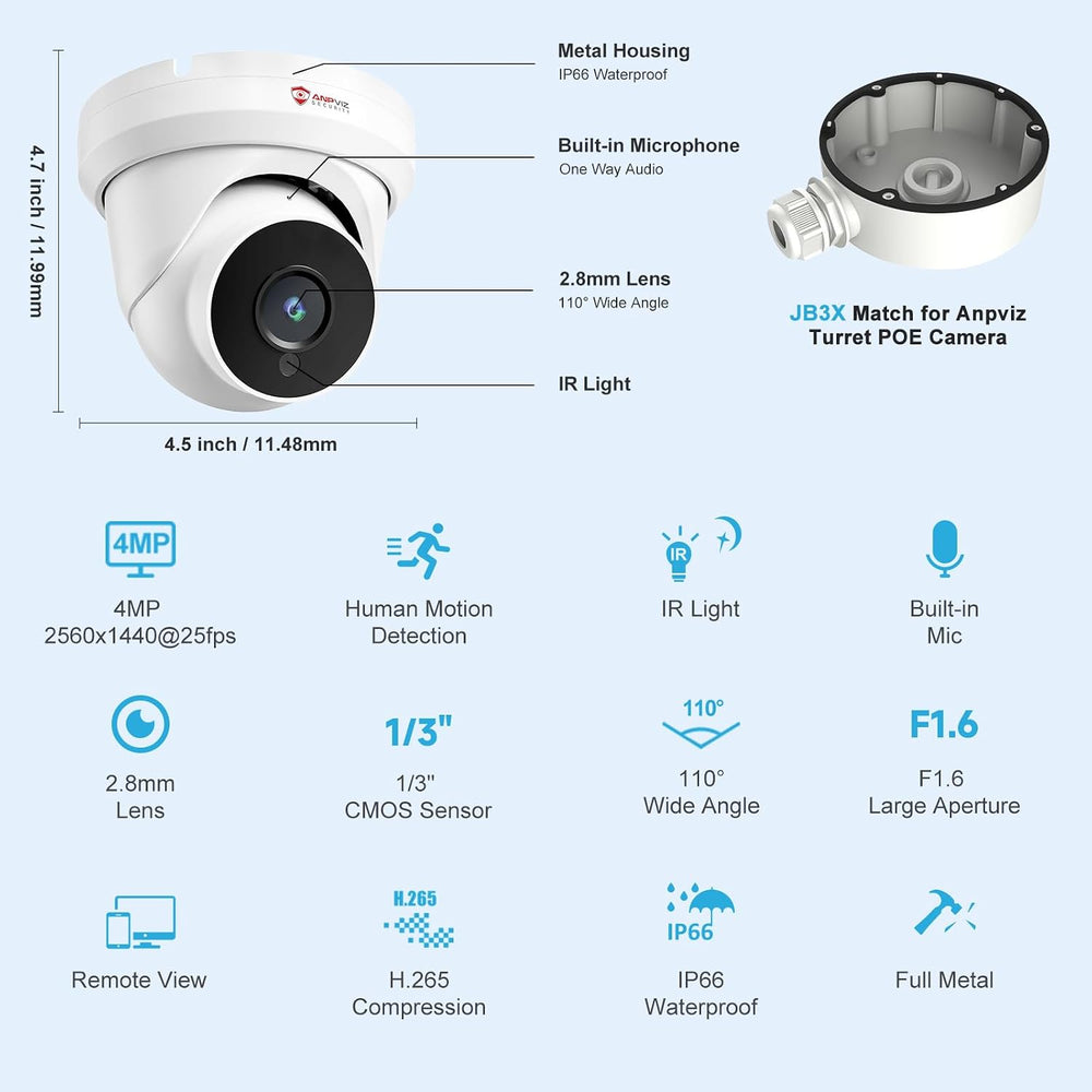 Anpviz 4MP PoE IP Turret Security Wired Camera Audio for Outdoor Indoor