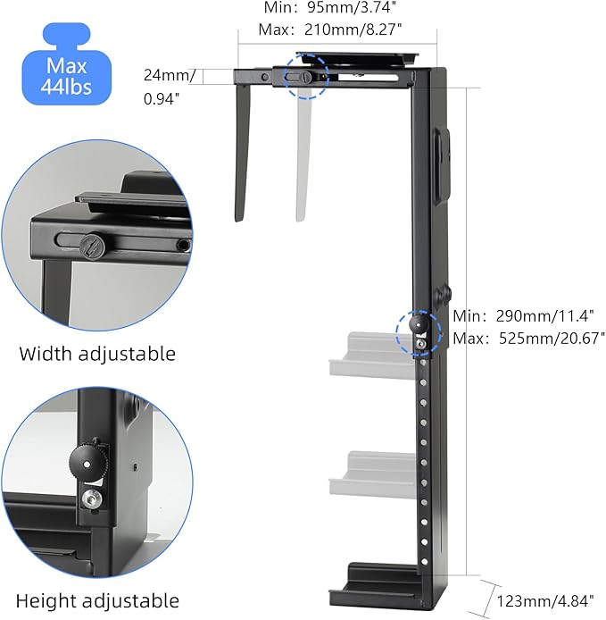 Pholiten Under Desk CPU Mount, Universal PC Wall Mount, 3.94 to 11.61 inch Wide