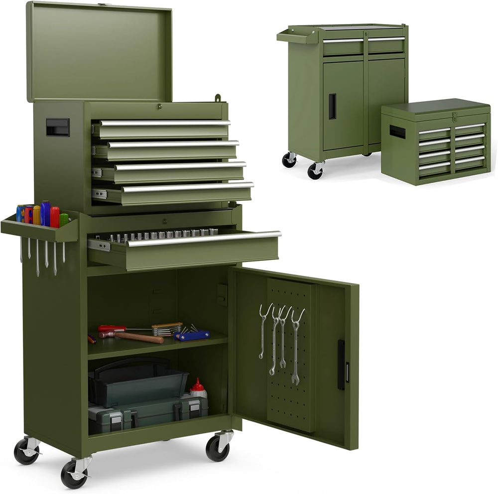 IRONMAX 2-in-1 Detachable Rolling Metal Tool Chest, 5 Drawers, Olive Green