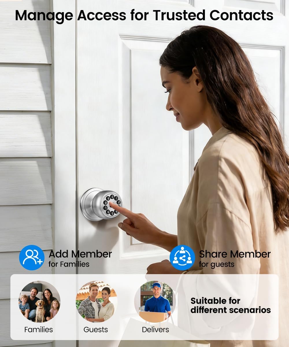 KLLOQUE Smart Door Lock,Smart Keypad Door Knob with Lock,Bright Silver