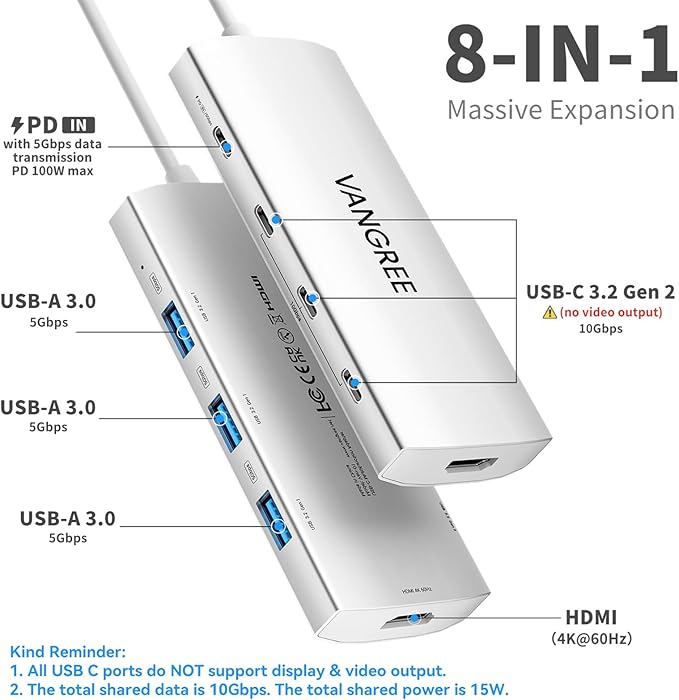 USB C Hub 8 in 1 Multiport Adapter, 3 USB 3.2 Gen 2 Ports