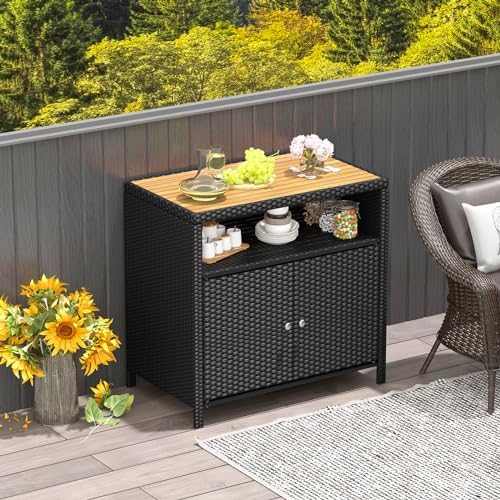 Rattan Storage Cabinet, Outdoor & Indoor Sideboards with Acacia Wood Coun...