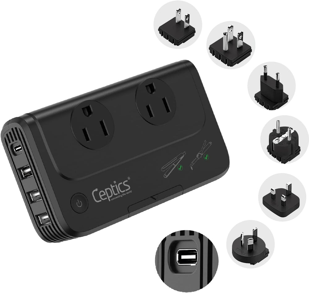 Ceptics - 6 in 1 Travel Adapter and Voltage Converter, 220V to 110V Converter