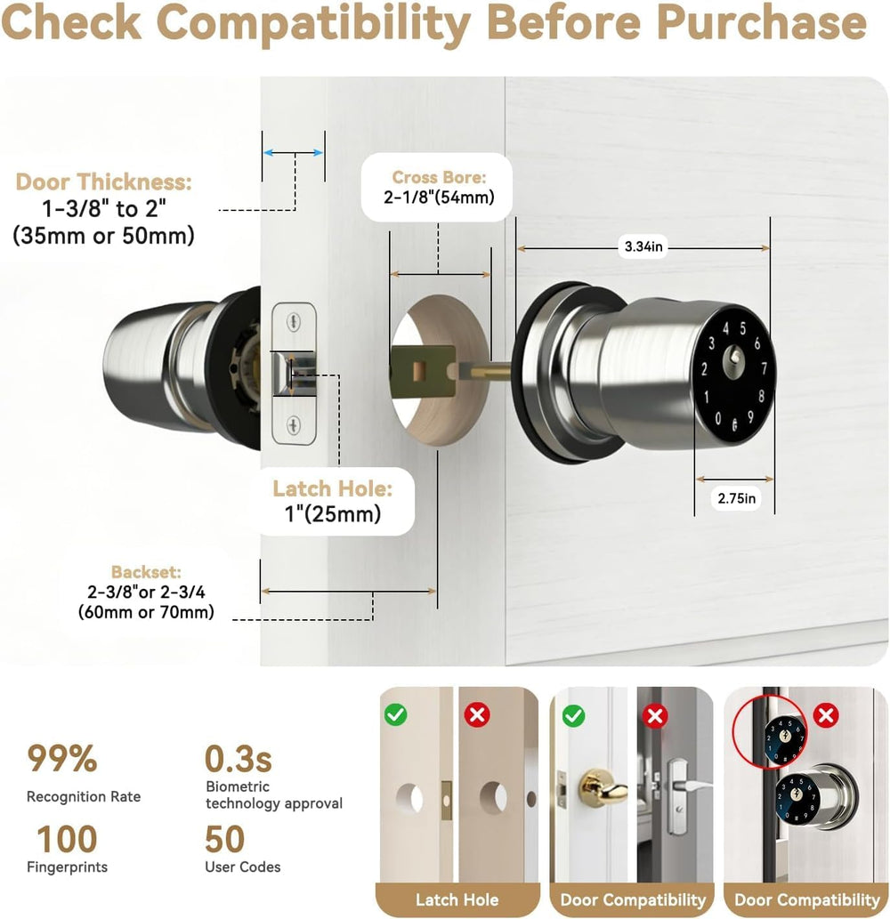 4-in-1 Smart Fingerprint Door Knob with App and Keypad,Satin Nickel