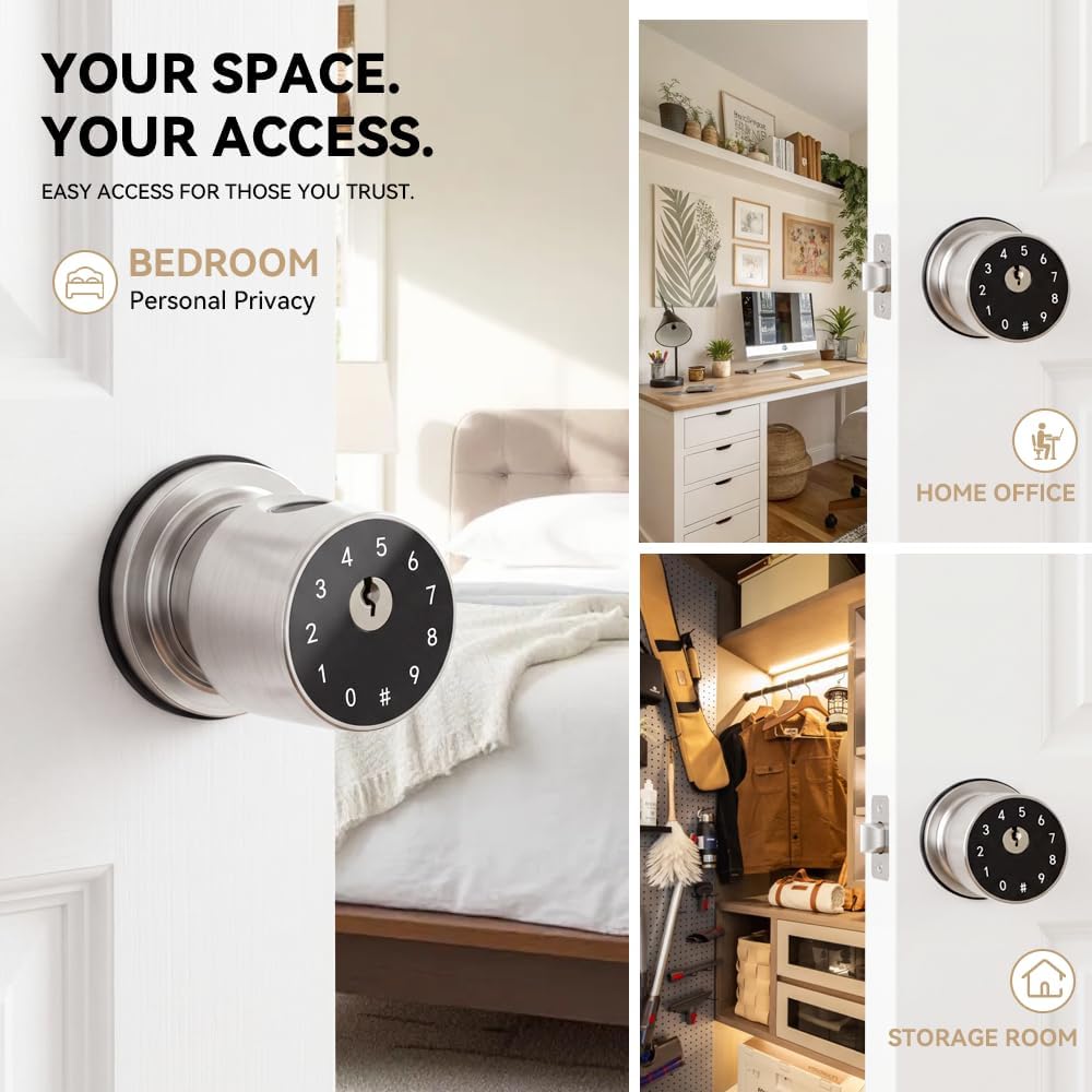 4-in-1 Smart Fingerprint Door Knob with App and Keypad,Satin Nickel