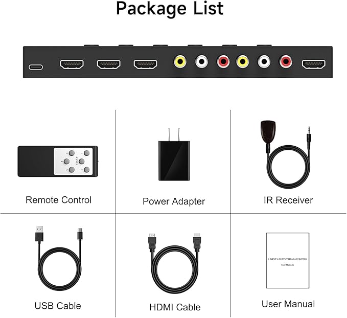 5 in to 1 Out RCA/HDMI Switcher,3 Way HDMI 2.0 + 2 RCA to HDMI Converter