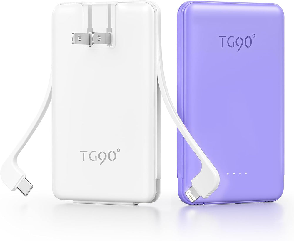 TG90° 2 Pack 5000mAh Power Bank, Small Portable Charge Built-in AC Plug and