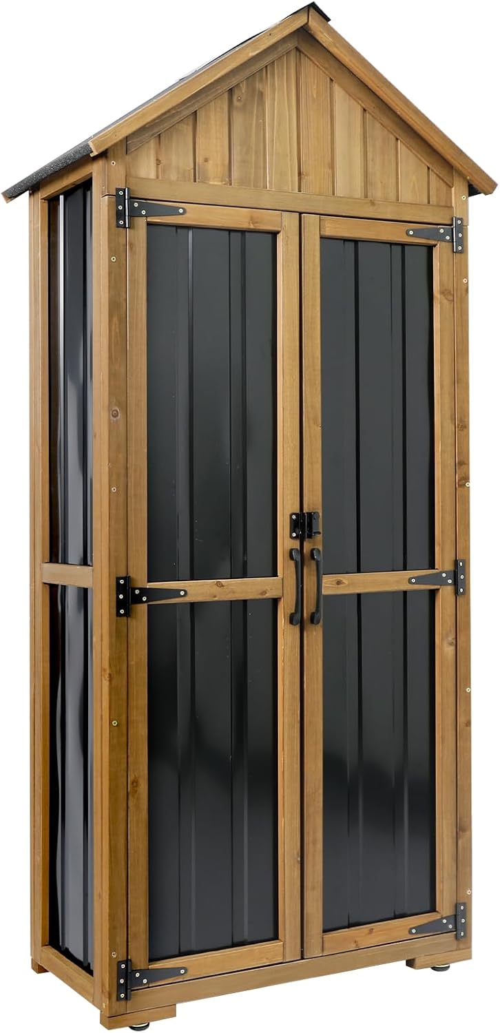 Wood & Metal Outdoor Storage Cabinet with Waterproof Roof, Garden Tool Sh...