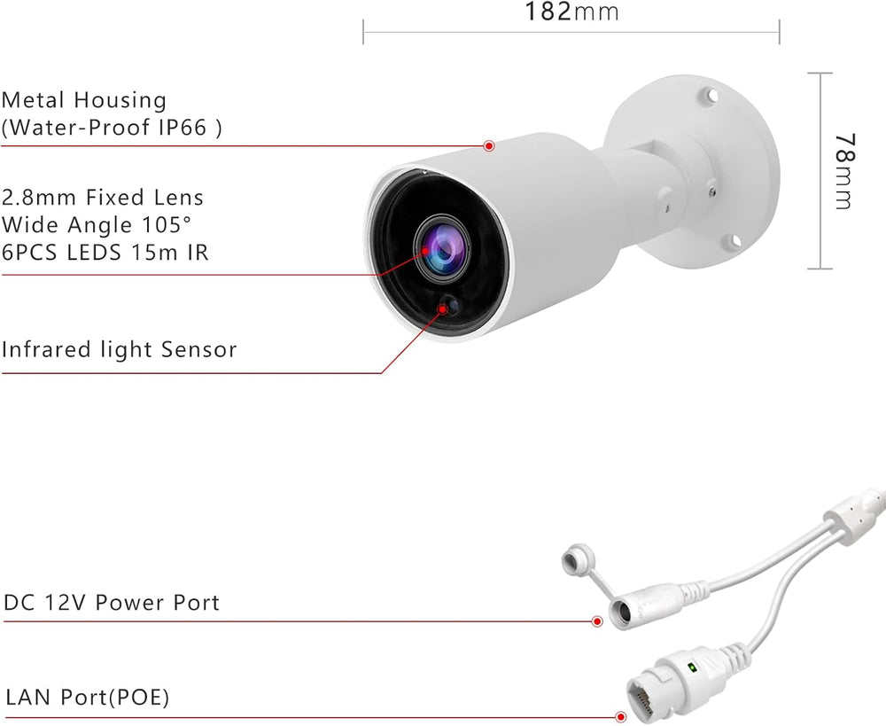 5MP PoE IP Bullet Camera Outdoor, H.265 PoE IP Security Camera