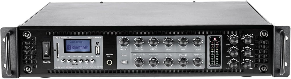 Rockville RCS2-320-6 320W 6-Zone Stereo/Mono Commercial 70V Amplifier, Optical