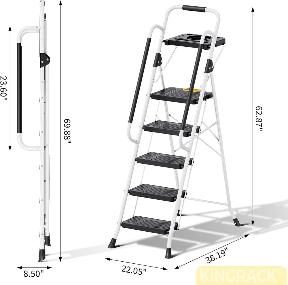 KINGRACK 5 Step Ladder, Folding Step Ladders for Home, 800lb Capacity,White