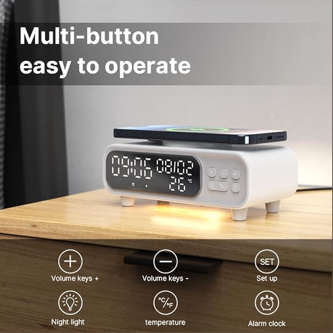 IHAO 5in1 Alarm Clock with Wireless Charging Night Light 15W Fast Charger