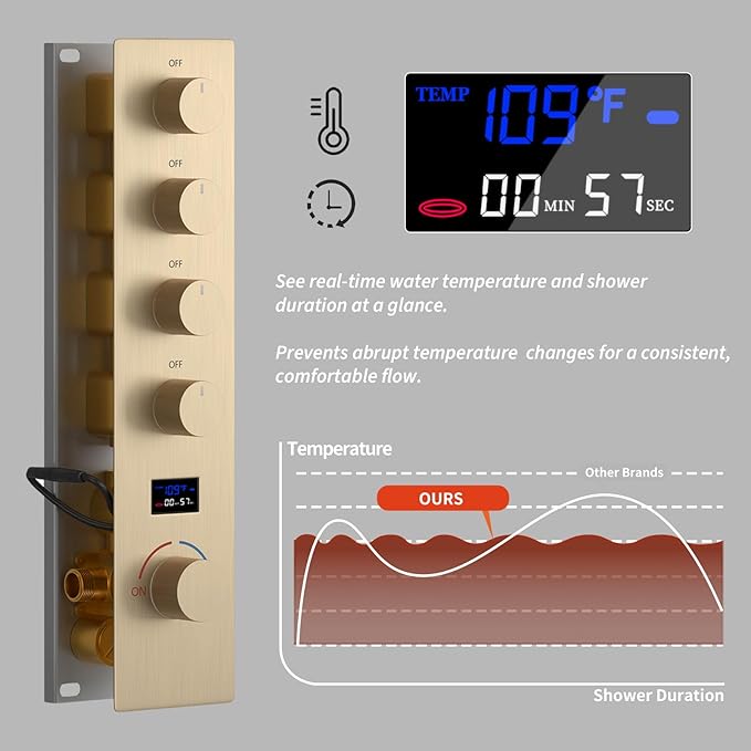 KATAIS Shower Faucet Set Brushed Gold Shower System, Temperature Display Shower