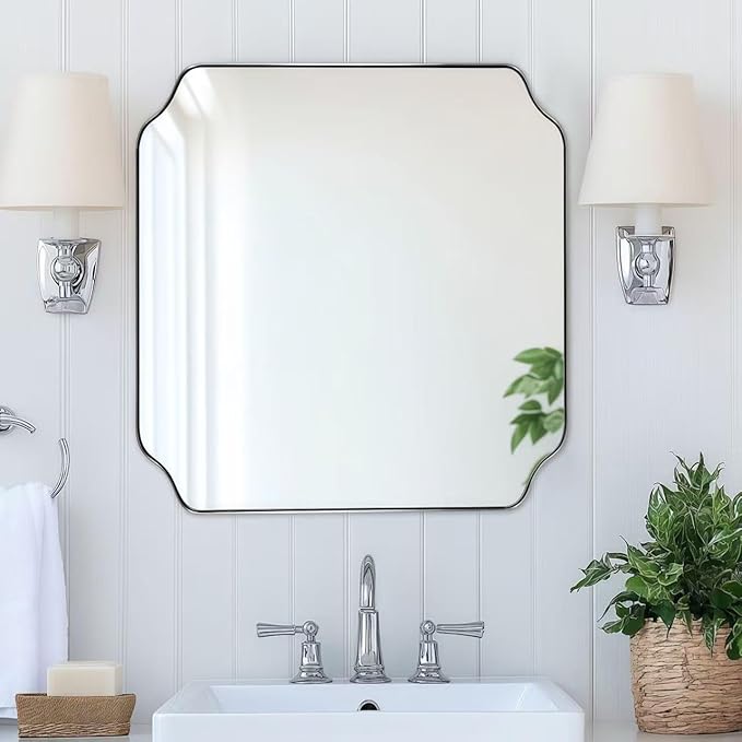 ANDY STAR 24"x24" Brushed Nickel Square Mirror, Modern Scalloped Mi...