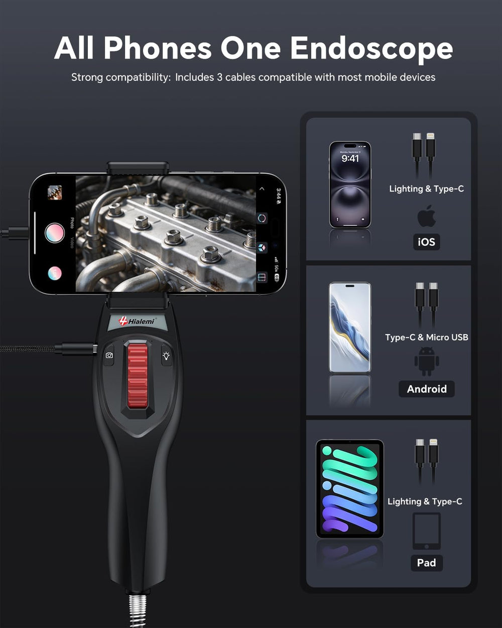 2-Way Articulating Borescope, Phone Endoscope Camera with Light