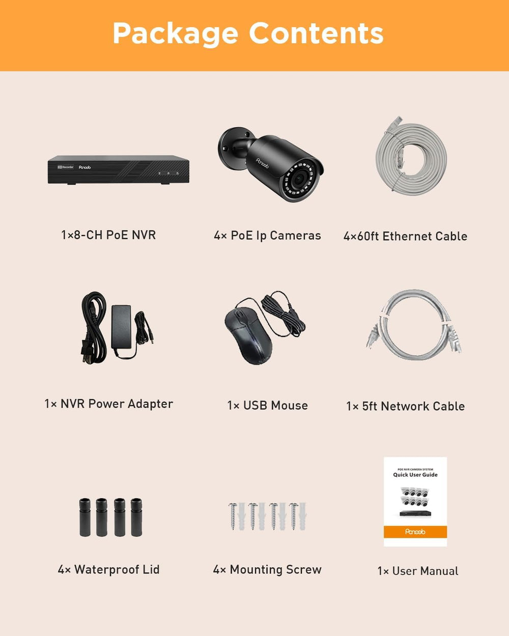4 Camera Security System 8 Channel PoE with 2TB HDD, PB37F30408-5M