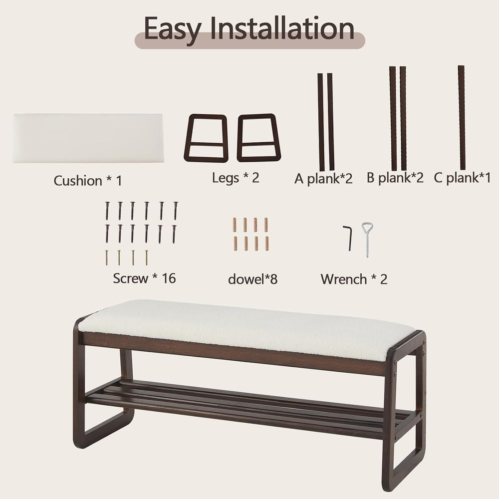 Shoe Rack Bench, 2 Tier Solid Wooden Entryway Bench(Cream White, 39.4")