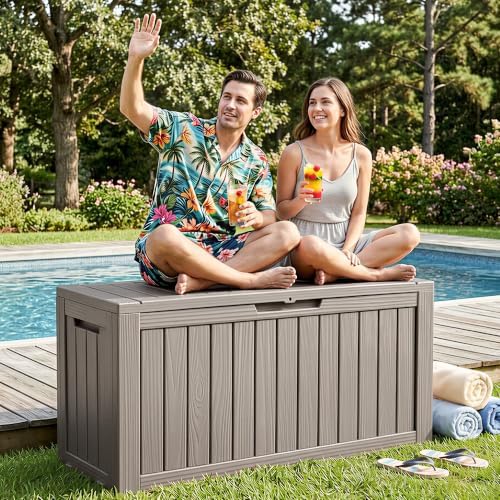 DRATO 155 Gallon Deck Box Waterproof Outdoor Storage Box with Wheels, Grey