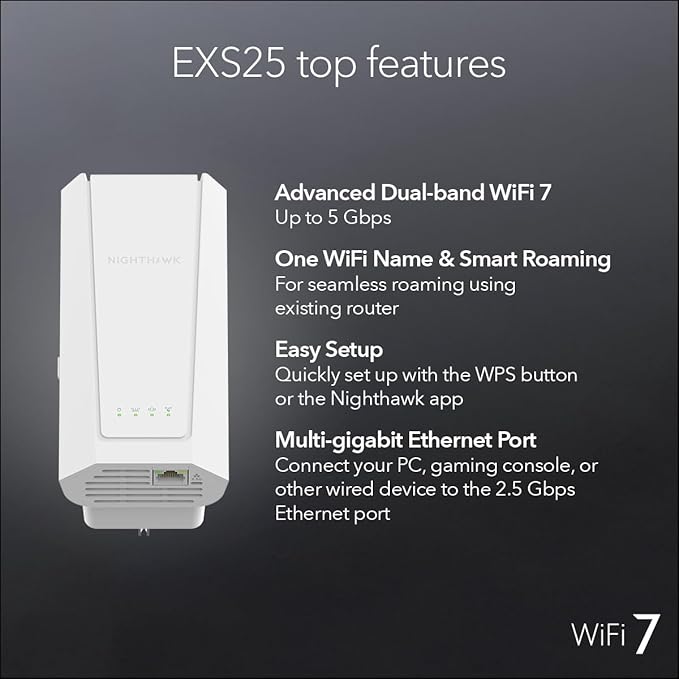 NETGEAR WiFi 7 Range Extender – BE5000 Dual-Band Wireless Signal Booster &