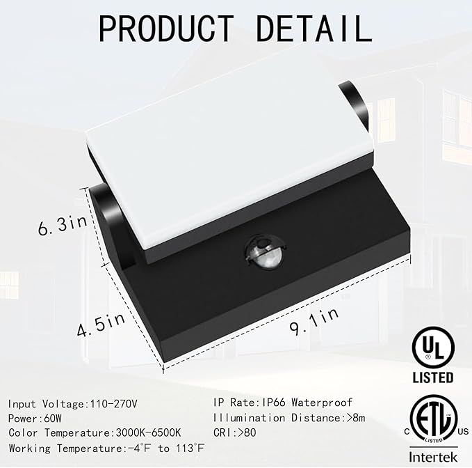 WISELUME 60W LED Outdoor Wall Light – 360° Rotatable, Motion Sensor & Col...