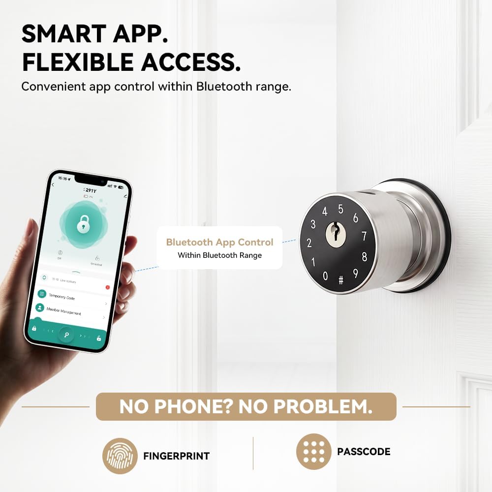 4-in-1 Smart Fingerprint Door Knob with App and Keypad,Satin Nickel