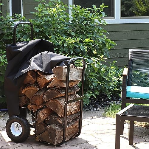 Sunnydaze Metal Firewood Carrier with Wheels, Cover Included, 43” H, Black