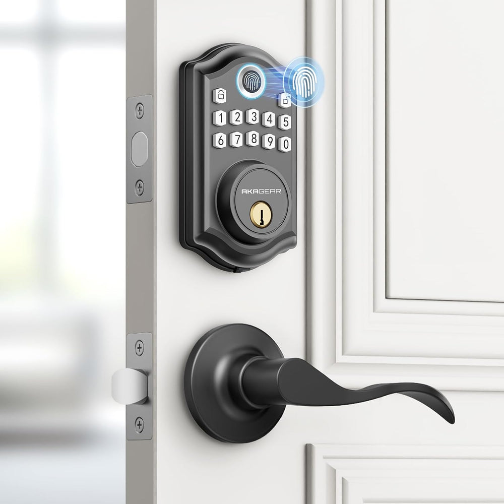 AkaGear Fingerprint Keyless Entry Door Lock with Lever Handle Set, Black