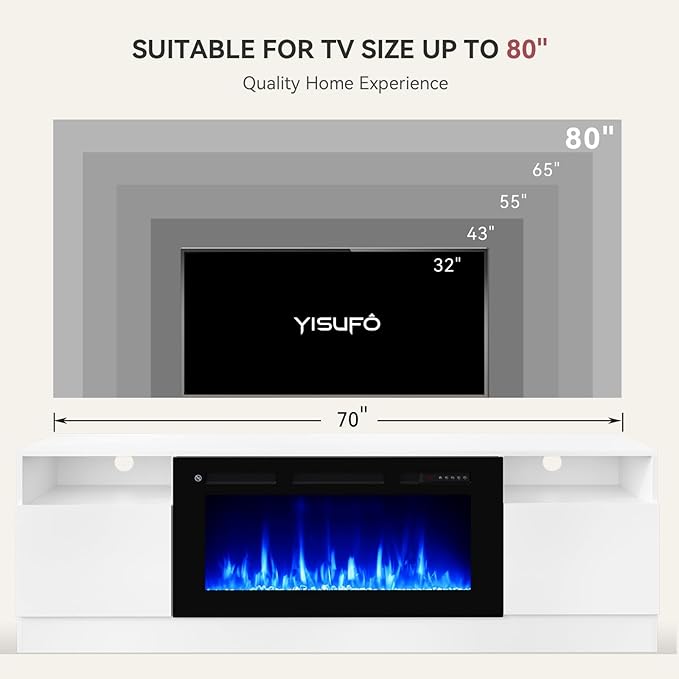 YISUFO 70" TV Stand with 36" Electric Fireplace, Large Modern Media