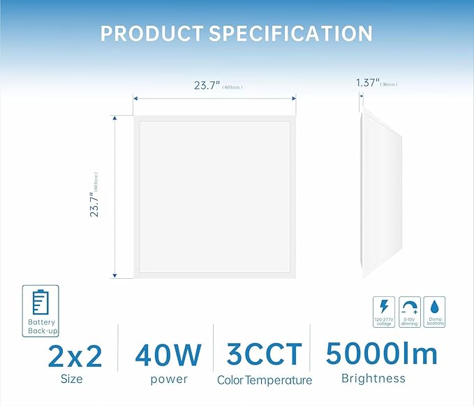 2X2 LED Flat Panel Light Emergency Battery Backup, 40W-3000K/4000K/5000K (4 P...