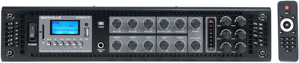 Rockville RCS650-6 650 Watt 6-Zone 70V Commercial Amplifier, USB/SD/FM Playback