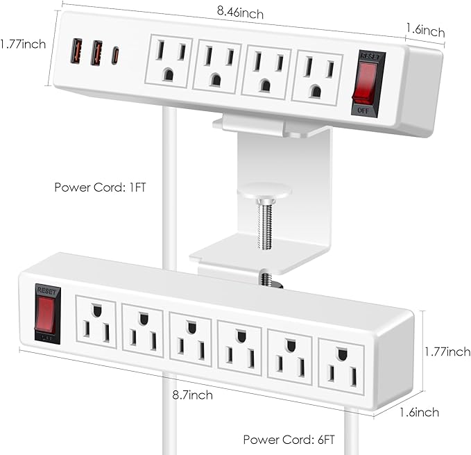 Desk Clamp Power Strip with PD20W USB-C, 2 in 1 Dual Layer Under Desk Power