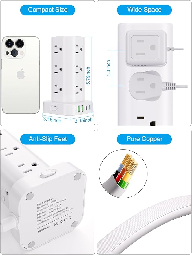 Power Strip Tower with Wireless Charger, Flat Plug Surge Protector Tower with
