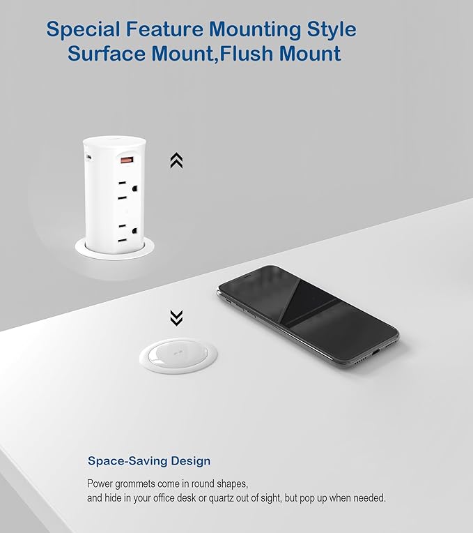 2.5 inch Hole Pop up Outlet for Countertop, 20W USB C, 4 USB Ports, 4 Outlets