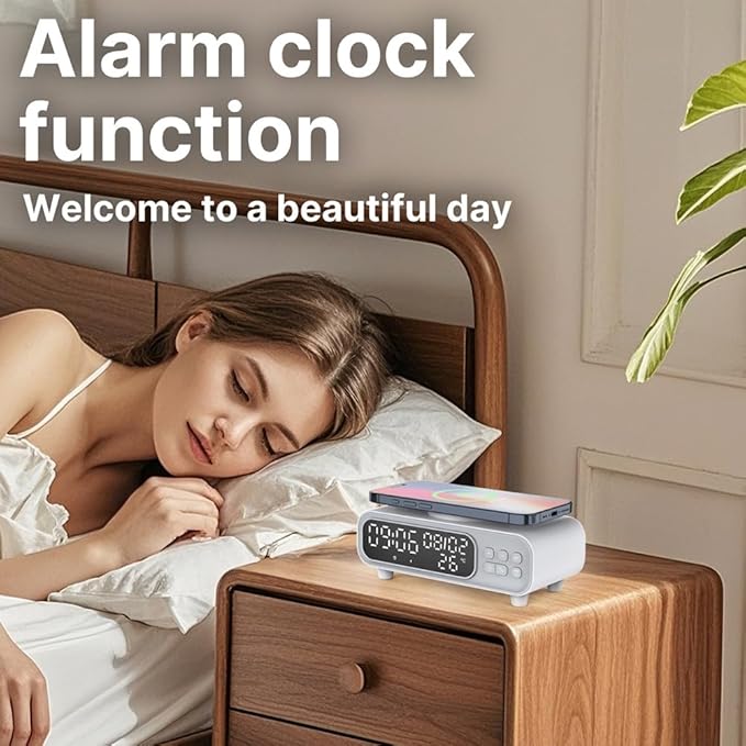 IHAO 5in1 Alarm Clock with Wireless Charging Night Light 15W Fast Charger