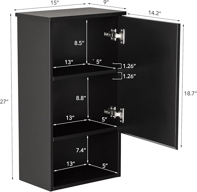Bathroom Wall Cabinet with Single Door, Soft-Close Hinges, 15x27 inch Wooden