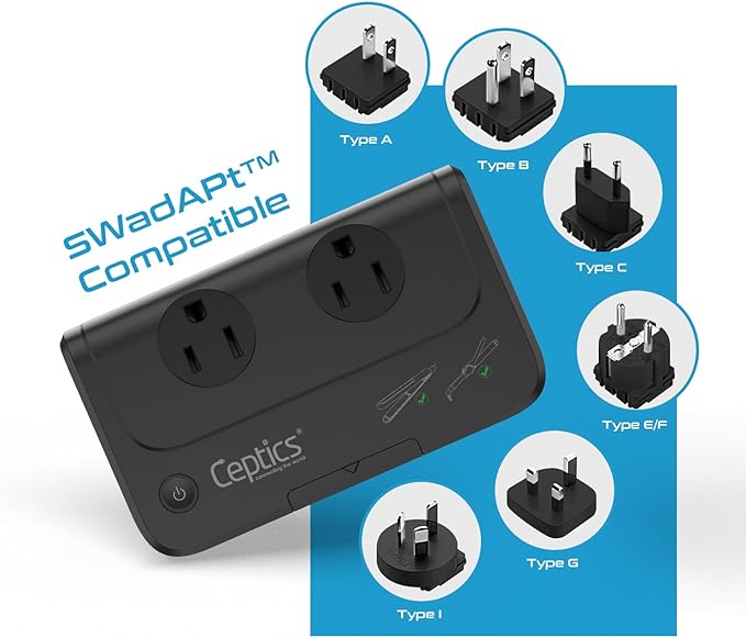 Ceptics - 6 in 1 Travel Adapter and Voltage Converter, 220V to 110V Converter
