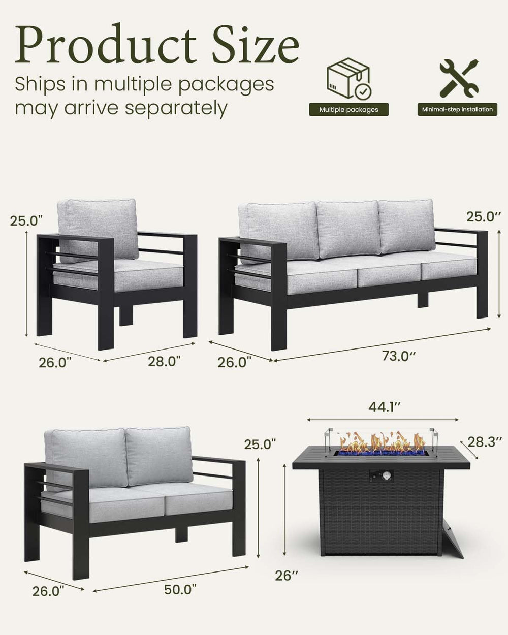 Outdoor Aluminum Furniture Set with Fire Pit Table, 5 Pieces Patio Sectional ...