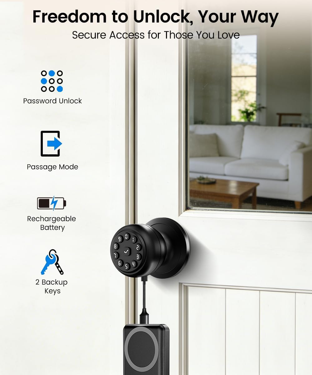 Smart Door Lock,Smart Keypad Door Knob with Lock,Bright Black
