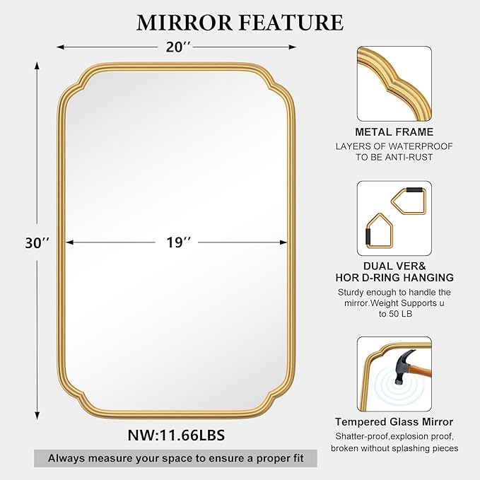 Gold Bathroom Mirror for Wall 20" x 30" Modern Rounded Corner Recta...